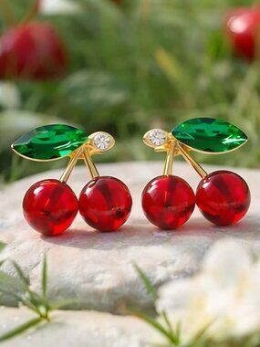 Red Cherry Stud Earrings Crystal Rhinestone 925 Silver Post Coquette Gold Tone